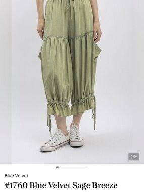 Velvet Sage Green Balloon Crop Pants with Drawstring Hem